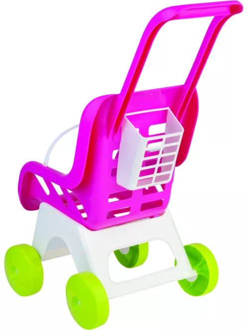 Androni Műanyag rózsaszín babakocsi kiskosárral