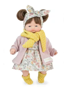   Marina&Pau Kislány színes virágos ruhában és kardigánban, sárga kiszoknival és sállal - 26cm