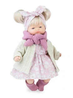   Marina&Pau Díszdobozos Kislány rózsaszín, fehér virágos ruhában és kardigánban, sállal - 26cm