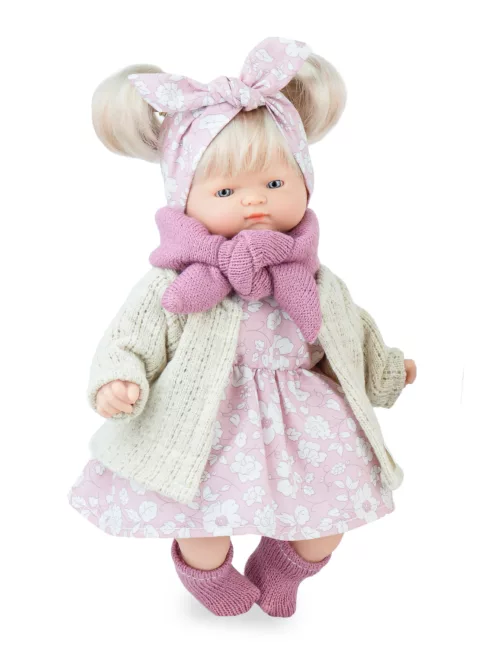 Marina&Pau Díszdobozos Kislány rózsaszín, fehér virágos ruhában és kardigánban, sállal - 26cm