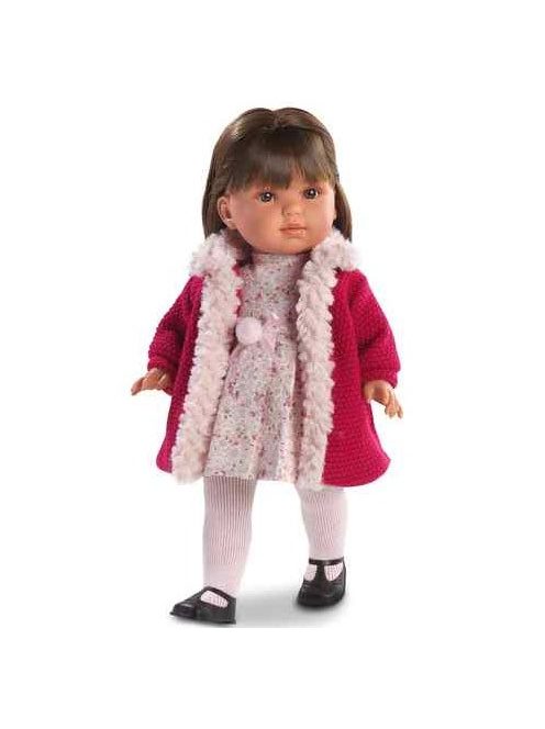 Laura baba barna hajjal magenta színű kabátban 45 cm