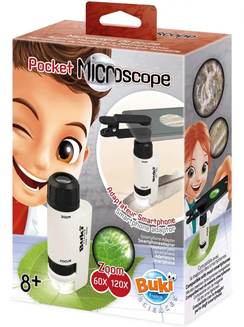 Zsebmikroszkóp LED fénnyel és okostelefon adapterrel BUKI