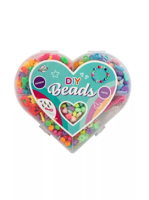 Szivárványos és pasztell színű gyöngyfűző készlet szív alakú dobozban Grafix
