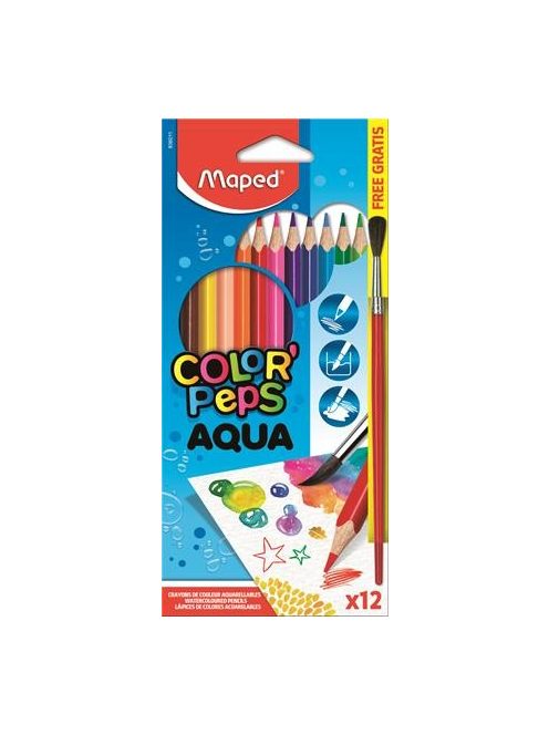 MAPED "Color'Peps" Háromszögletű akvarell ceruza készlet ajándék ecsettel, 12 db-os