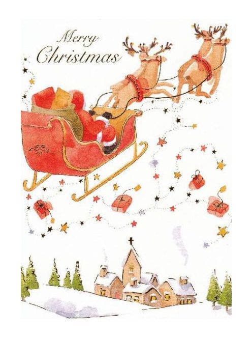 Üdvözlőkártya-Télapó repülő rénszarvasokkal/Karácsonyi - kocka