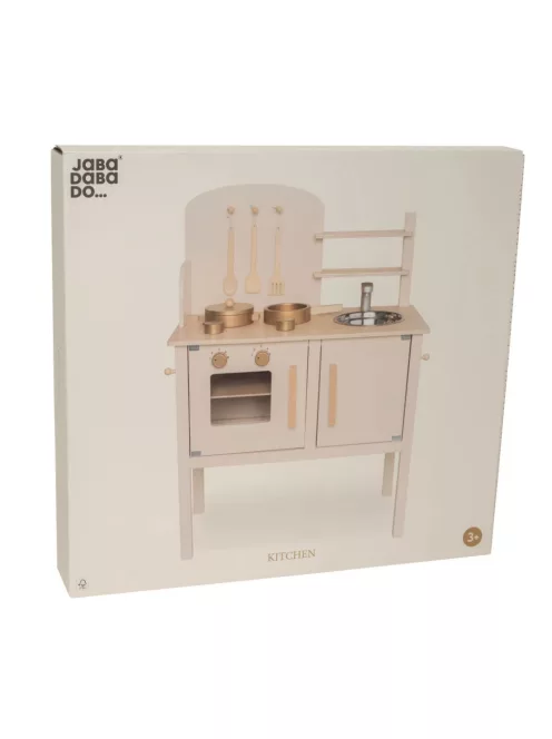 Fa játékkonyha kiegészítőkkel és kréta táblával, krém színű Jabadabado