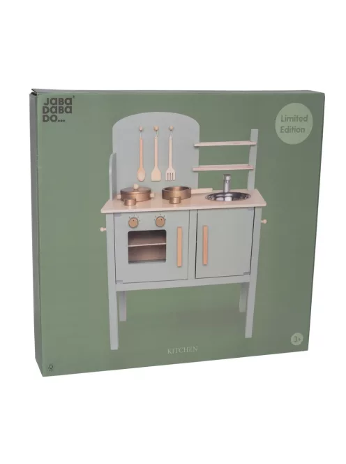 Fa játékkonyha kiegészítőkkel és kréta táblával, olivazöld Jabadabado