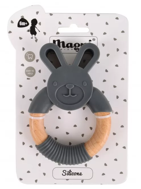 Nyuszis szilikon és fa rágókarika szürke, Magni