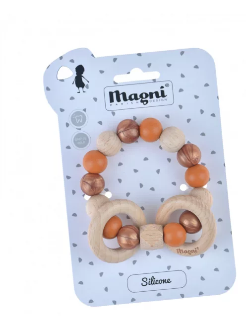 Színes rágóka szilikonból és fából, arany/narancssárga