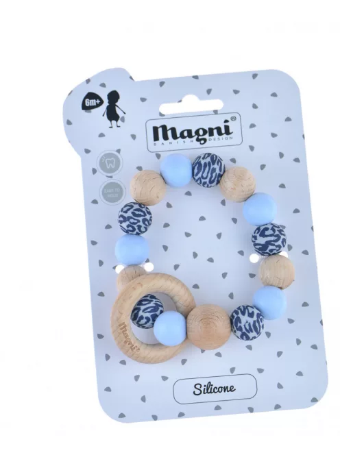 Színes rágóka szilikonból és fából, leopárd mintás/kék