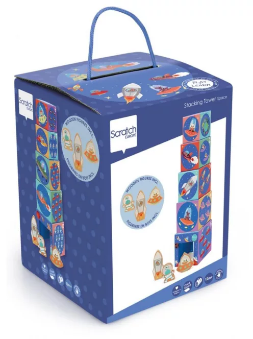 Toronyépítő kocka fa figurákkal, Világűr Scratch Europe