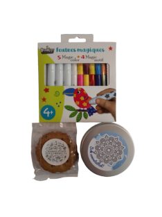   2 db-os Zabos-gyümölcsös Szamos keksz fém díszdobozban kiszínezhető matricával, Crealign varázs filctoll készlettel, Mandala