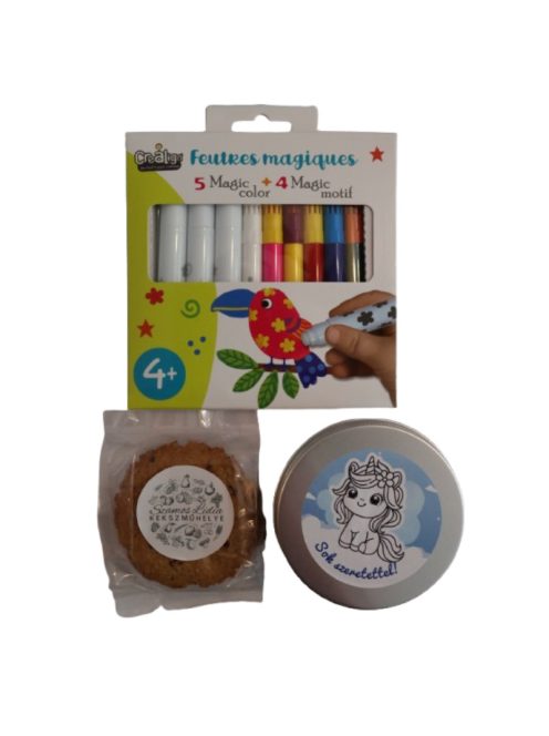 2 db-os Zabos-gyümölcsös Szamos keksz fém díszdobozban kiszínezhető matricával, Crealign varázs filctoll készlettel, Unikornis