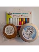 2 db-os Zabos-gyümölcsös Szamos keksz fém díszdobozban kiszínezhető matricával, Crealign varázs filctoll készlettel, Unikornis