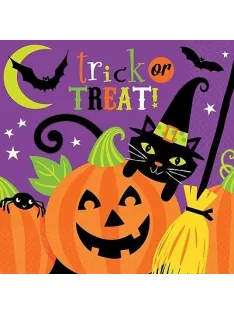   Halloween-ra Vidám Boszorkány és Tökfej Mintás Parti Szalvéta, 33 cm x 33 cm, 16 db-os