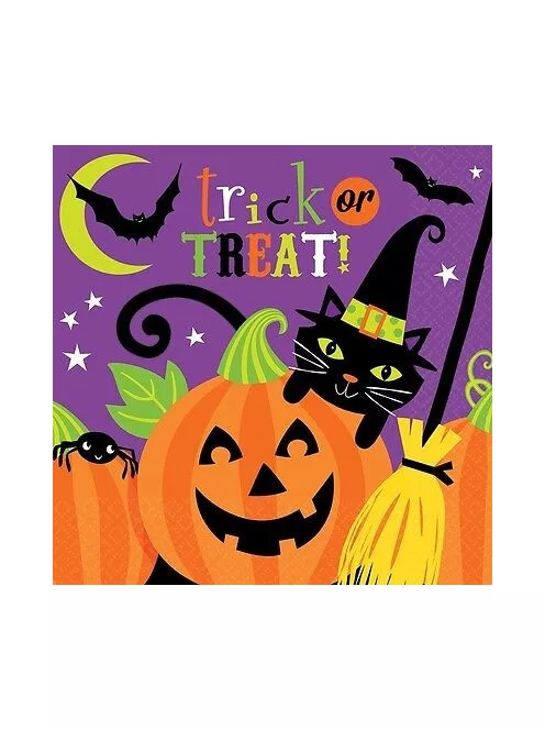 Halloween-ra Vidám Boszorkány és Tökfej Mintás Parti Szalvéta, 33 cm x 33 cm, 16 db-os
