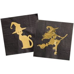   Fekete Arany Boszi és Cica Mintás Szalvéta Halloween-re, 33 cm x 33 cm, 20 db