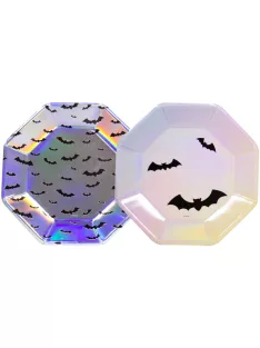   Holografikus fényes denevér mintás tányér Halloween-re 23 cm, 6 db