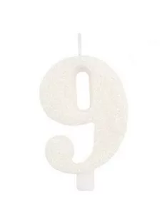 9-es Csillogó Fehér Szülinapi Számgyertya Tartóval