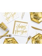 Arany Happy New Year Feliratos Fehér Szilveszteri Szalvéta - 33 cm x 33 cm, 20 db-os