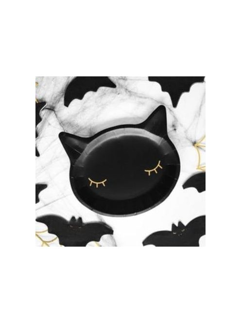 Fekete Cicafej Formájú Parti Tányér Halloween-re - 22 cm, 6 db-os