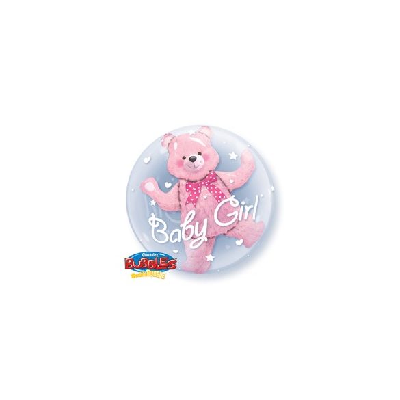 Dupla Buborék Lufi Kislány Babaszületésre - Pink Maci, 61 cm