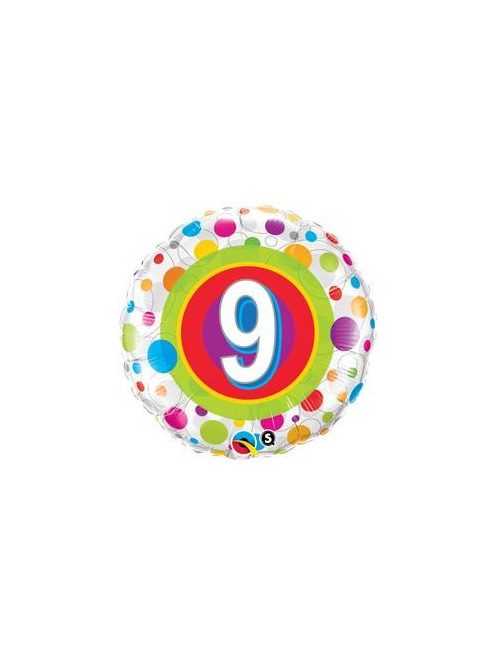 18 inch-es 9-es Colorful Dots - Színes Pöttyös Szülinapi Számos Fólia Lufi