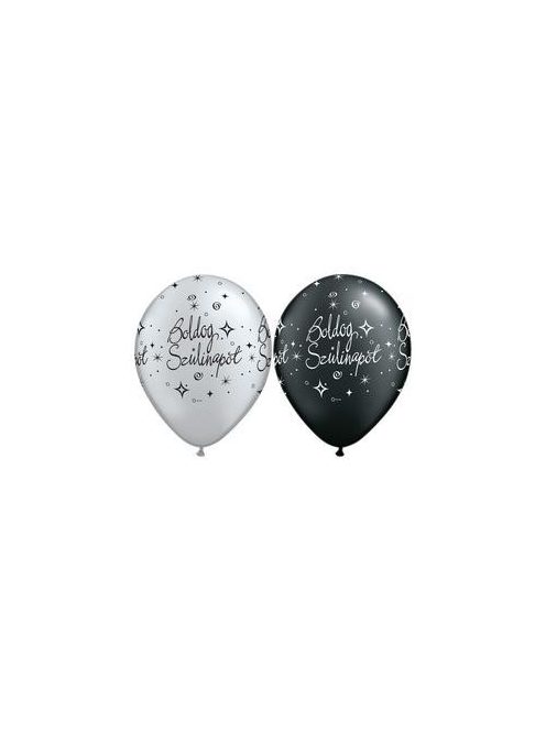 Boldog Szülinapot Silver és Black Gumi (Latex) Lufi, 6 db, 28 cm